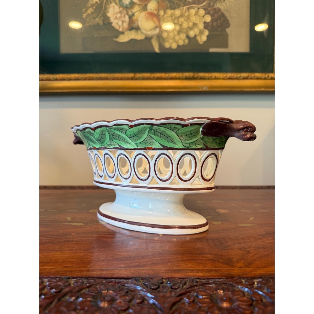 Vintage Ceramic Dog Head Handle‎ Pedestal Bowl, Majolica Style Fruit Bowl